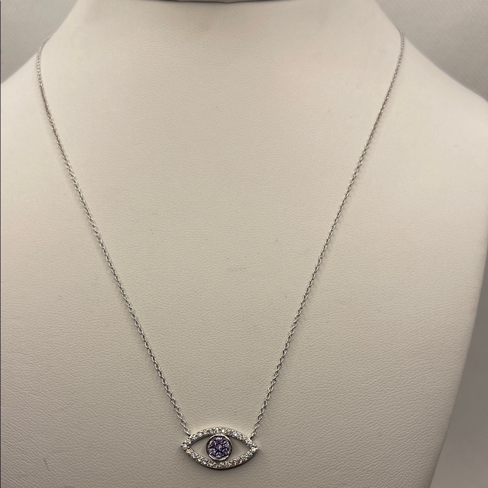 925 Sterling Silver Evil Eye Necklace Purple/White CZ